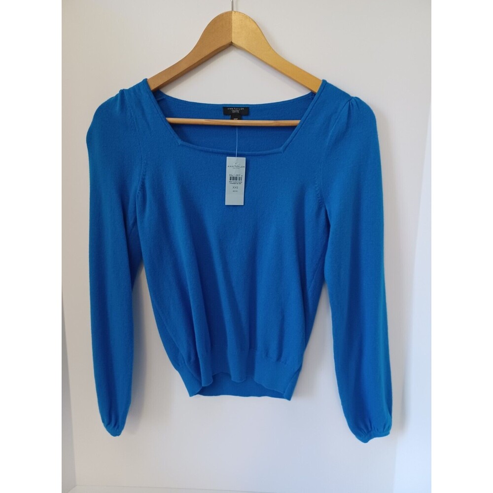 NWT Ann Taylor Factory Petite Square‎ Neck Long Sleeve Blue Sweater XXSP